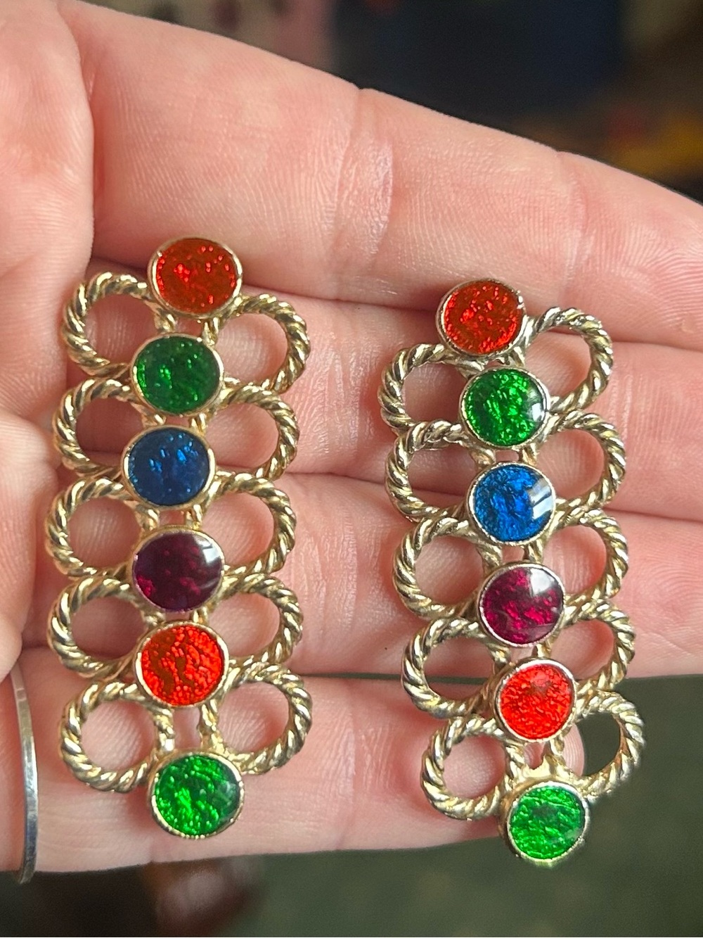Vintage 80s Multicolor Cabochon Gold Drop Dangle Statement Earrings Runway - Picture 7 of 12